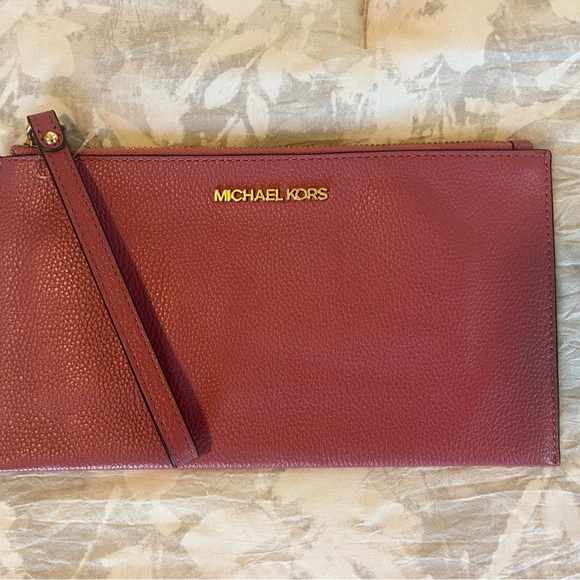 Michael Kors Red Leather Clutch Wristlet with Gold Accents - Picture 1 of 4